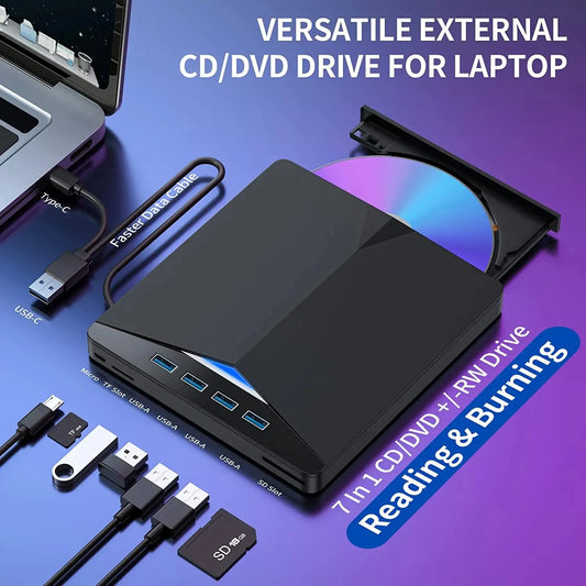 7-In-1 USB 3.0 Type-C External DVD RW Optical Drive Burner Reader Player Optical Drive External PC Laptop Desktop